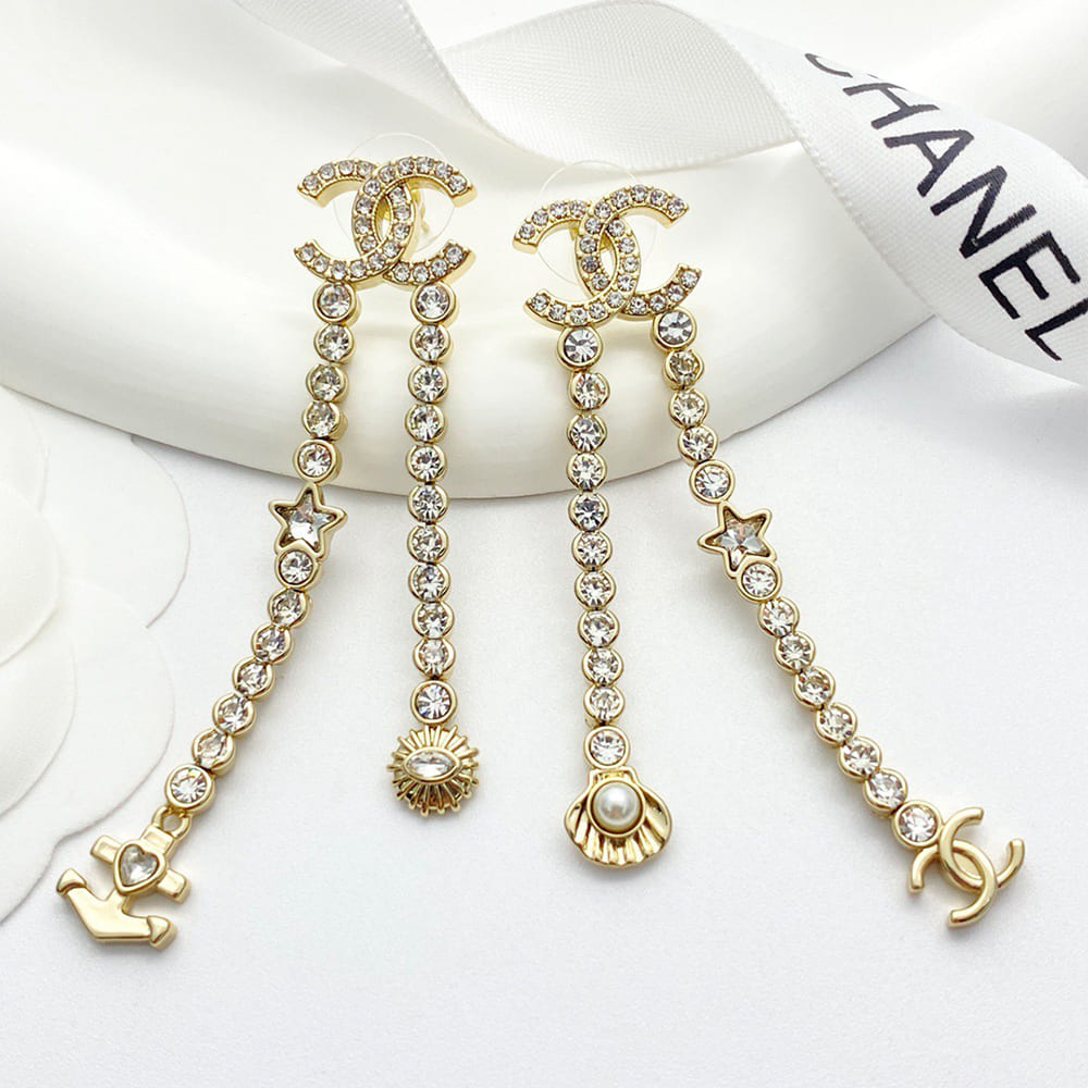 Ch**el Rhinestone Pearl Shell Drop Earrings