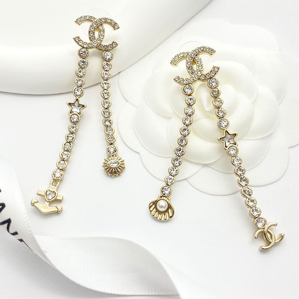Ch**el Rhinestone Pearl Shell Drop Earrings