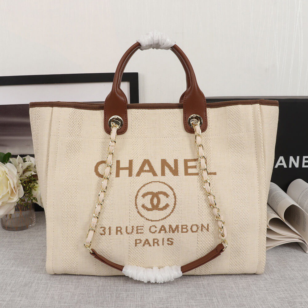 Ch**el Woven Straw Raffia Striped Medium Deauville Tote