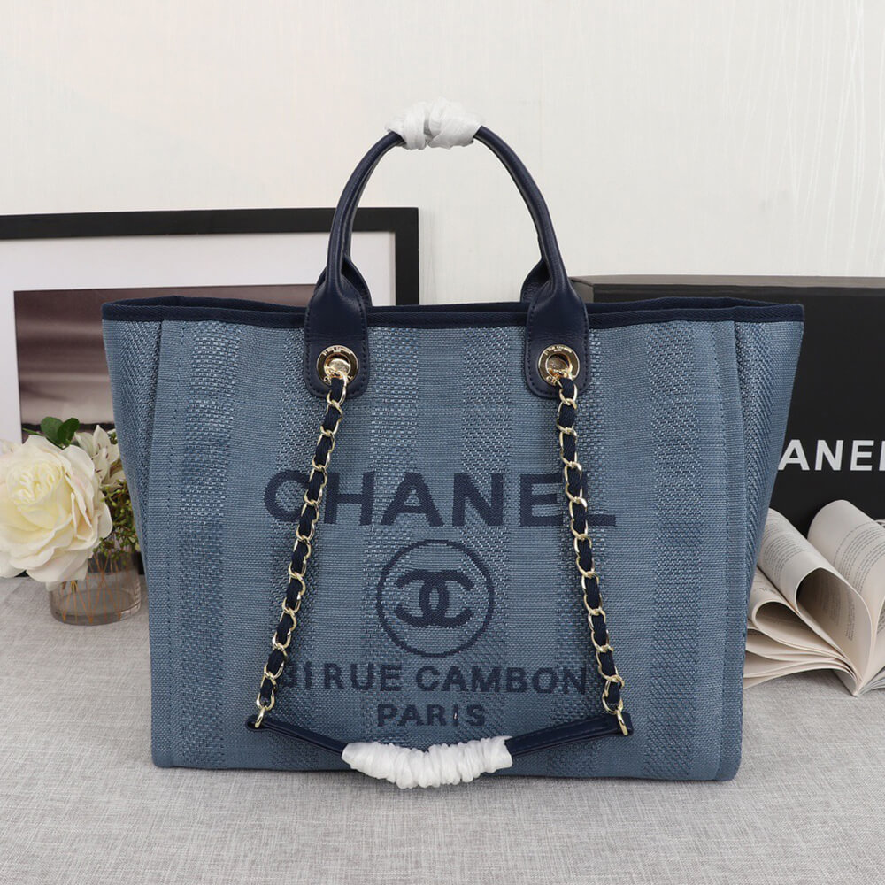 Ch**el Woven Straw Raffia Striped Medium Deauville Tote