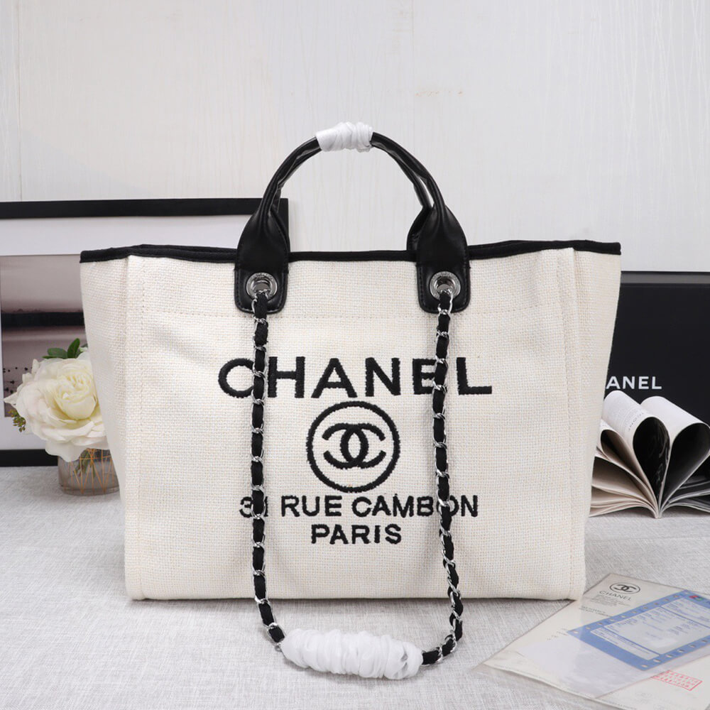 Ch**el Woven Straw Raffia Striped Medium Deauville Tote