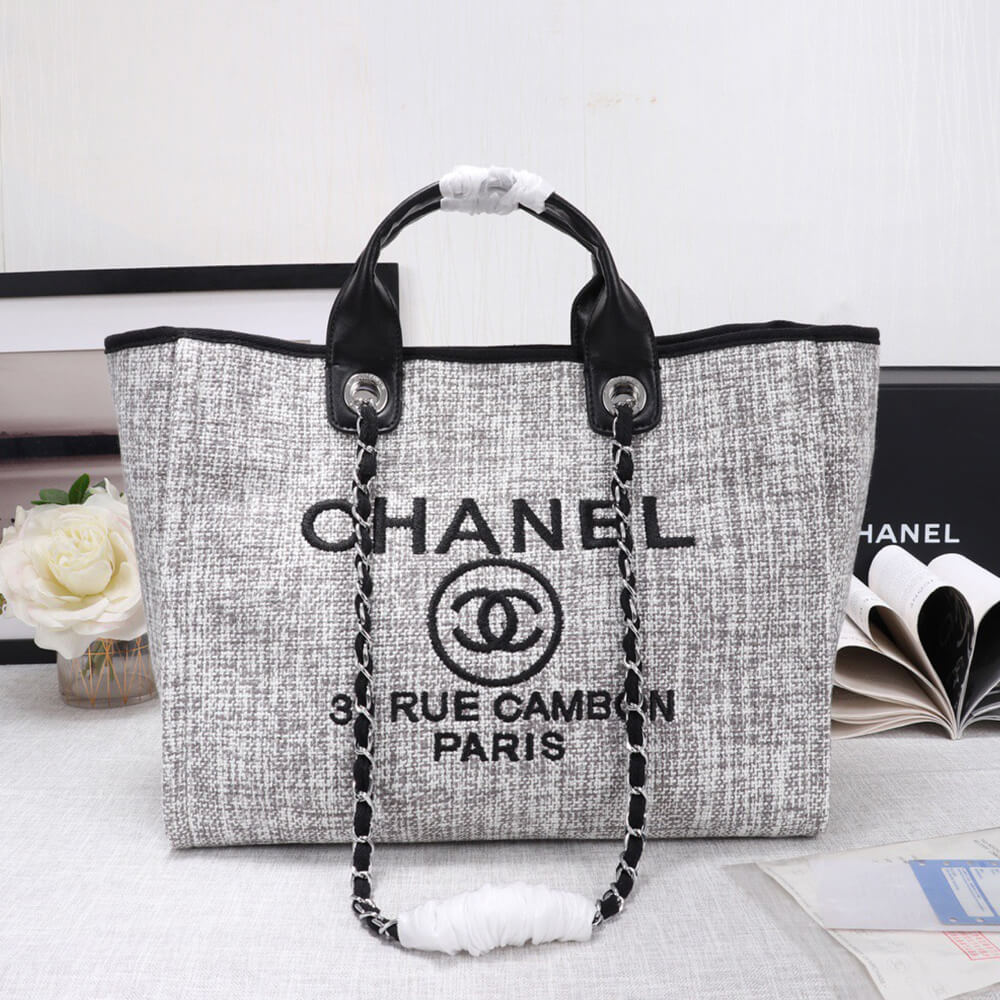Ch**el Woven Straw Raffia Striped Medium Deauville Tote