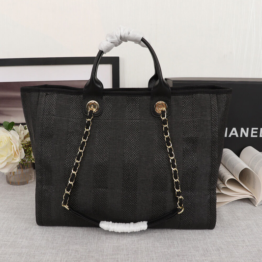 Ch**el Woven Straw Raffia Striped Medium Deauville Tote