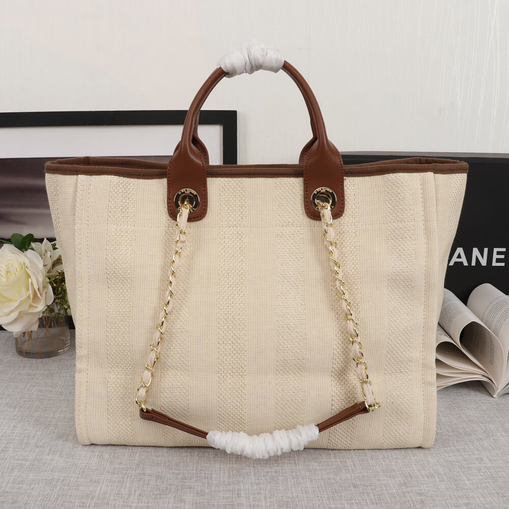 Ch**el Woven Straw Raffia Striped Medium Deauville Tote