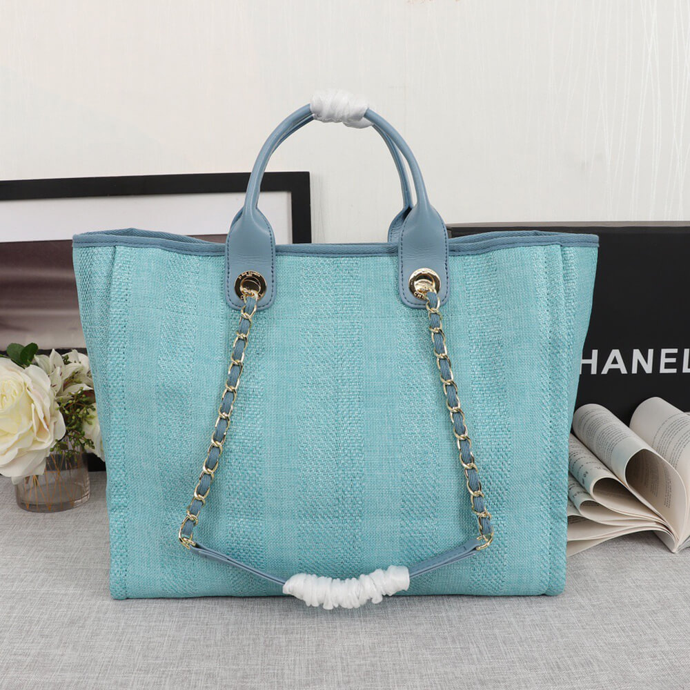 Ch**el Woven Straw Raffia Striped Medium Deauville Tote